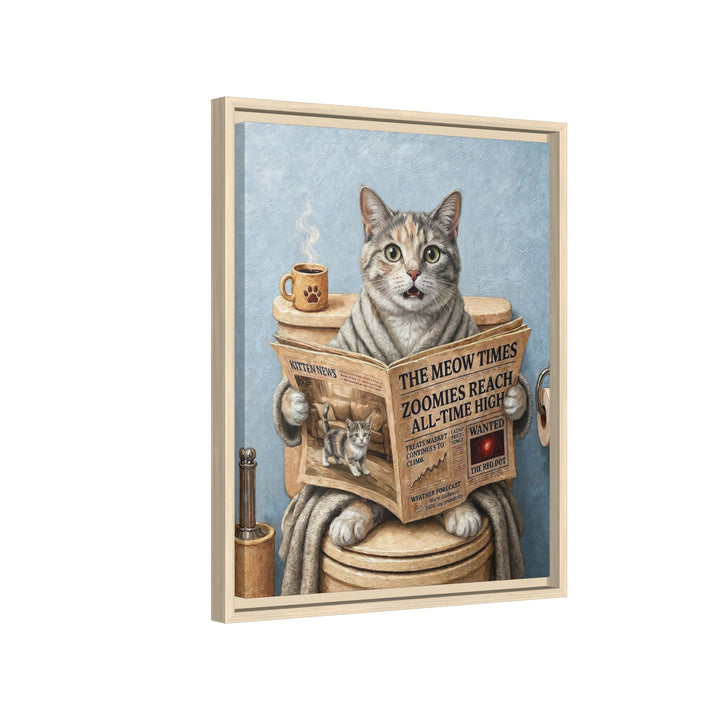 "Morning Business" - Dilute Calico Vertical Framed Canvas - Cat Lover Wall Art