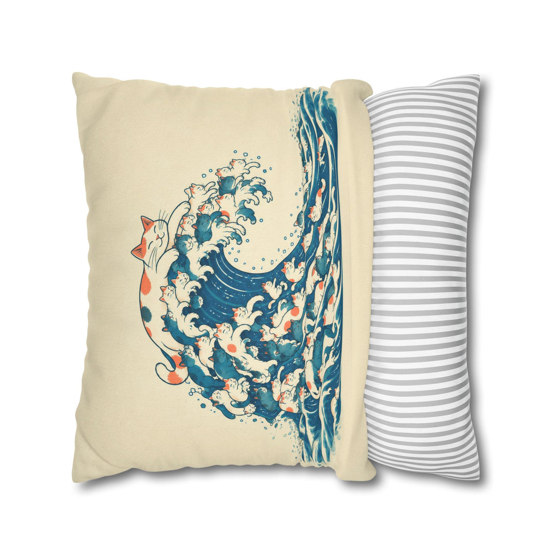 The Great Wave of Fur – Whimsical Wall Art with a Woodblock Swell of Cats – Pillow / Cover