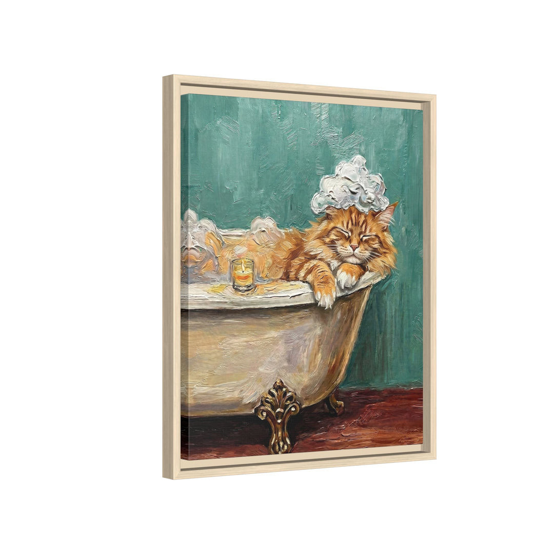 "Spa Day" - Fluffy Orange Longhair Vertical Framed Canvas - Cat Lover Wall Art