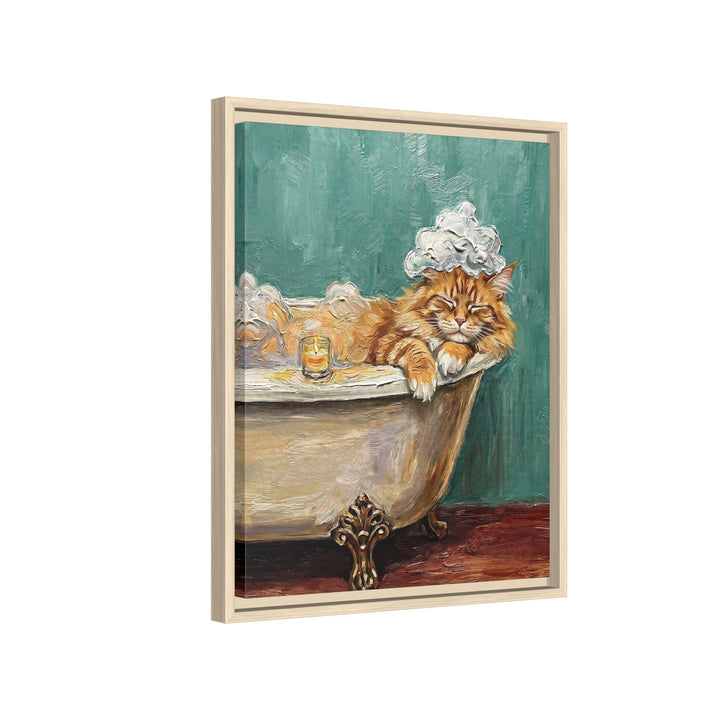 "Spa Day" - Fluffy Orange Longhair Vertical Framed Canvas - Cat Lover Wall Art