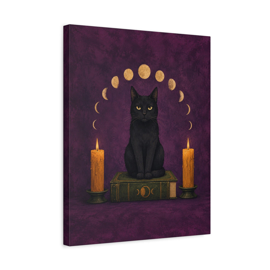 Familiar Business – Witchy Wall Art with a Cat on a Candlelit Grimoire – Canvas / Framed Canvas
