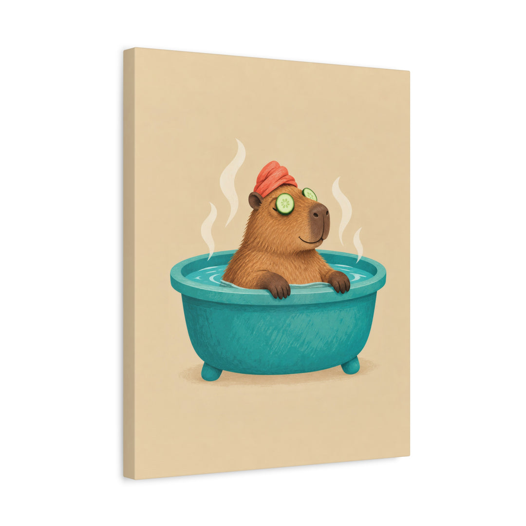 The Deep Soak – Capybara Wall Art in a Steaming Spa Bath – Canvas / Framed Canvas
