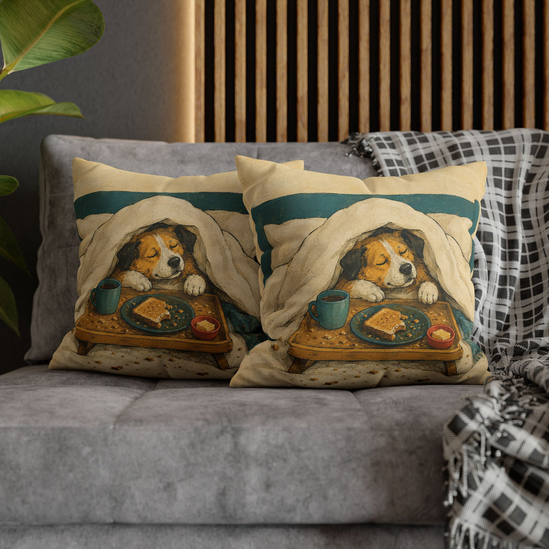 Breakfast in Bed – Funny Dog Art with a Duvet Tray and Toast Crumbs – Pillow / Cover