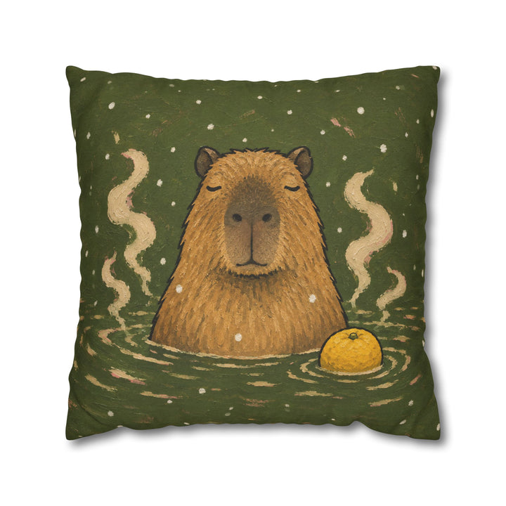 Onsen Master – Capybara Art with a Steaming Hot Spring and Snow – Pillow / Cover