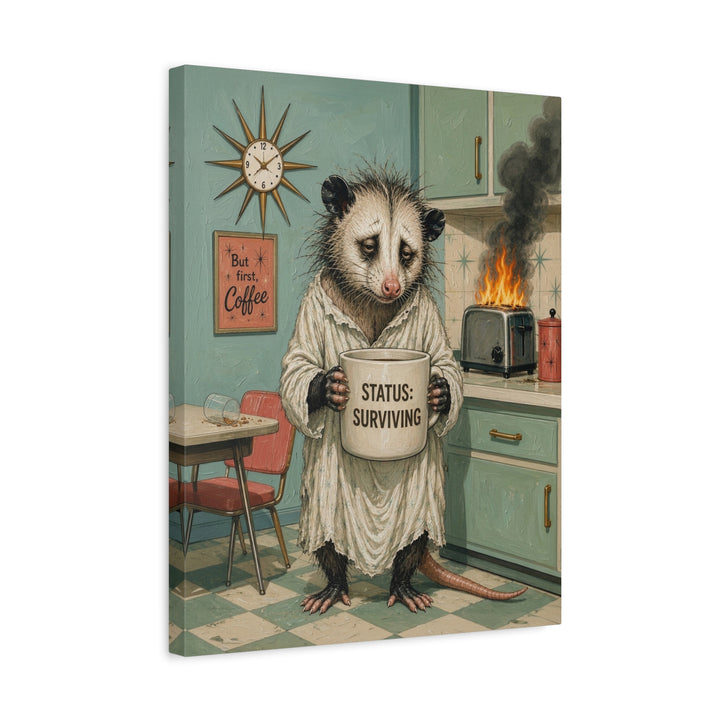 "Status Surviving" - Opossum Vertical Canvas - Dark Burnout Humor Wall Art