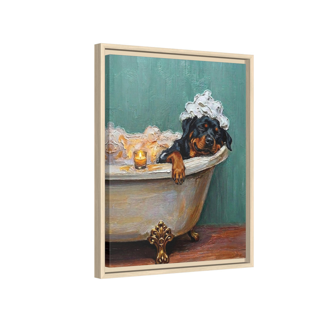 "Spa Day" - Rottweiler Vertical Framed Canvas - Dog Lover Wall Art