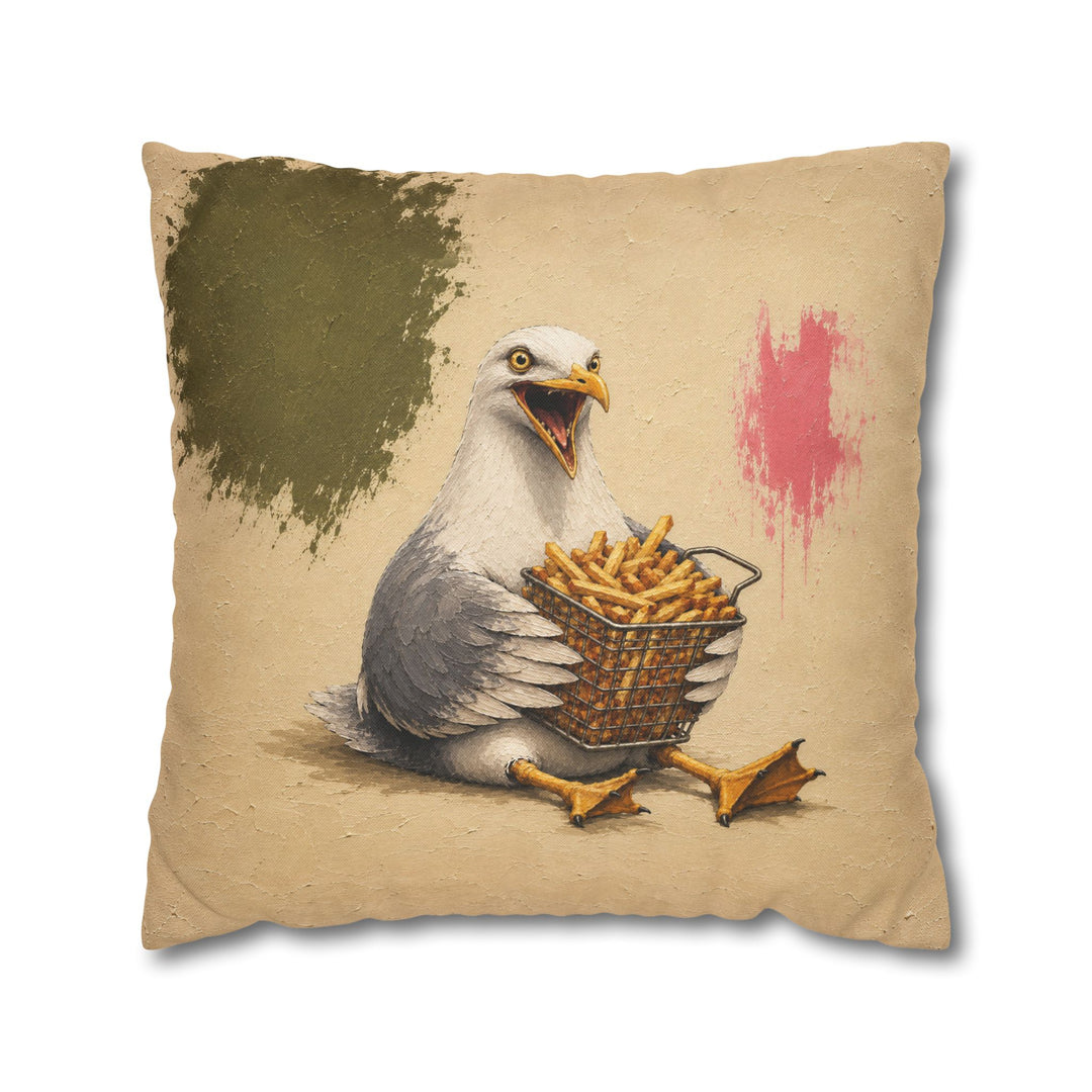 Chip Thief – Funny Animal Art with a Seagull and a Fry Basket – Pillow / Cover