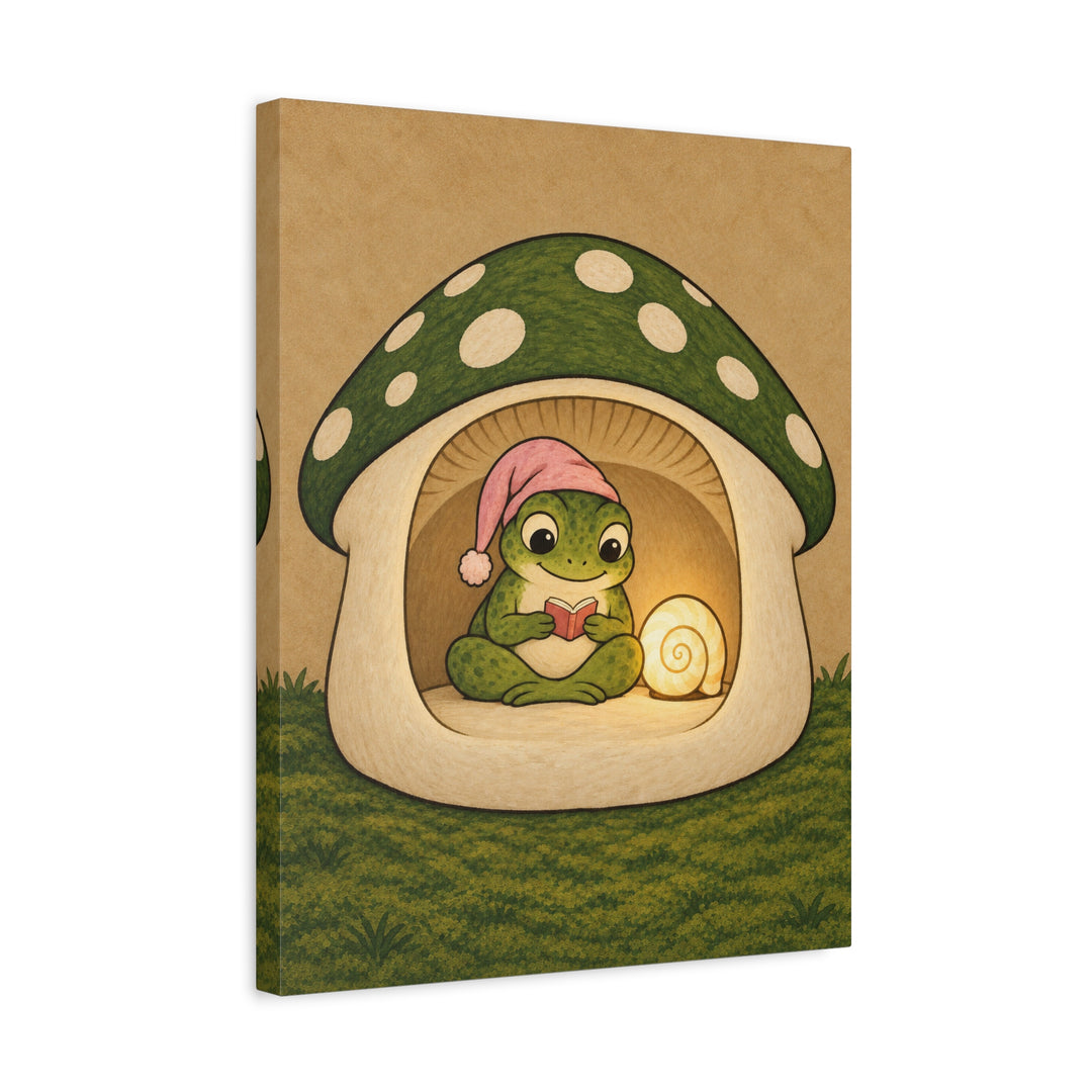 Bedtime Story – Frog Decor with a Nightcap and Snail Shell Lamp – Canvas / Framed Canvas
