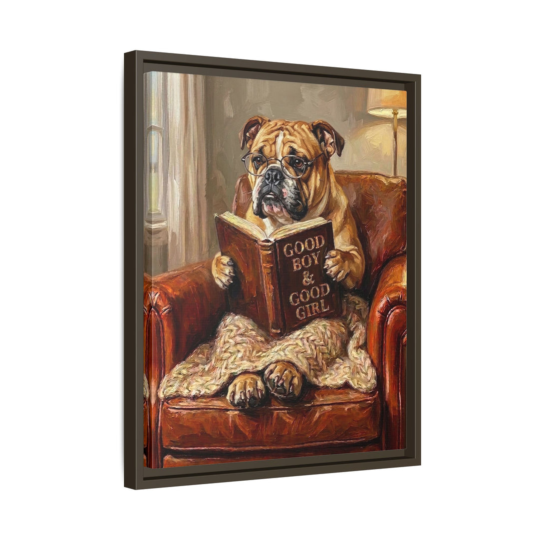 "Evening Read" - English Bulldog Vertical Framed Canvas - Dog Lover Wall Art