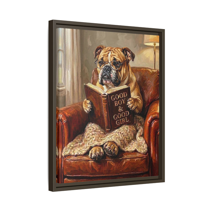 "Evening Read" - English Bulldog Vertical Framed Canvas - Dog Lover Wall Art
