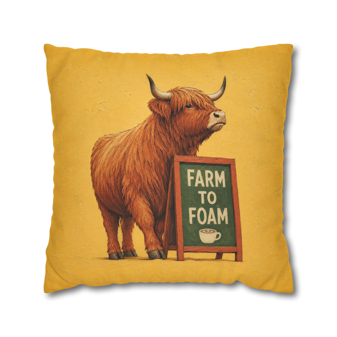 Steamed Milk Source – Coffee Bar Art with a Highland Cow and Farm to Foam – Pillow / Cover