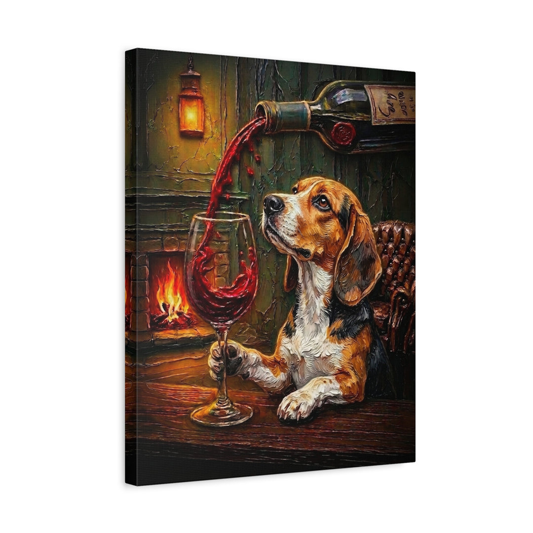 "Wine & Woof" - Beagle Vertical Canvas - Dog Lover Wall Art