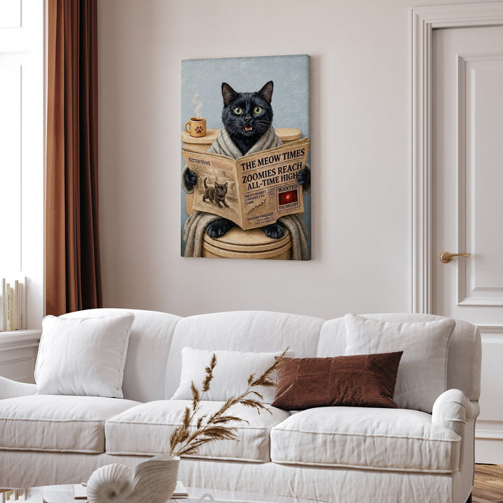 "Morning Business" - Black Vertical Canvas - Cat Lover Wall Art