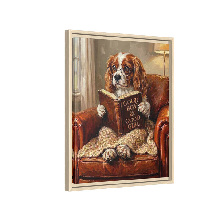 "Evening Read" - Cavalier King Charles Vertical Framed Canvas - Dog Lover Wall Art