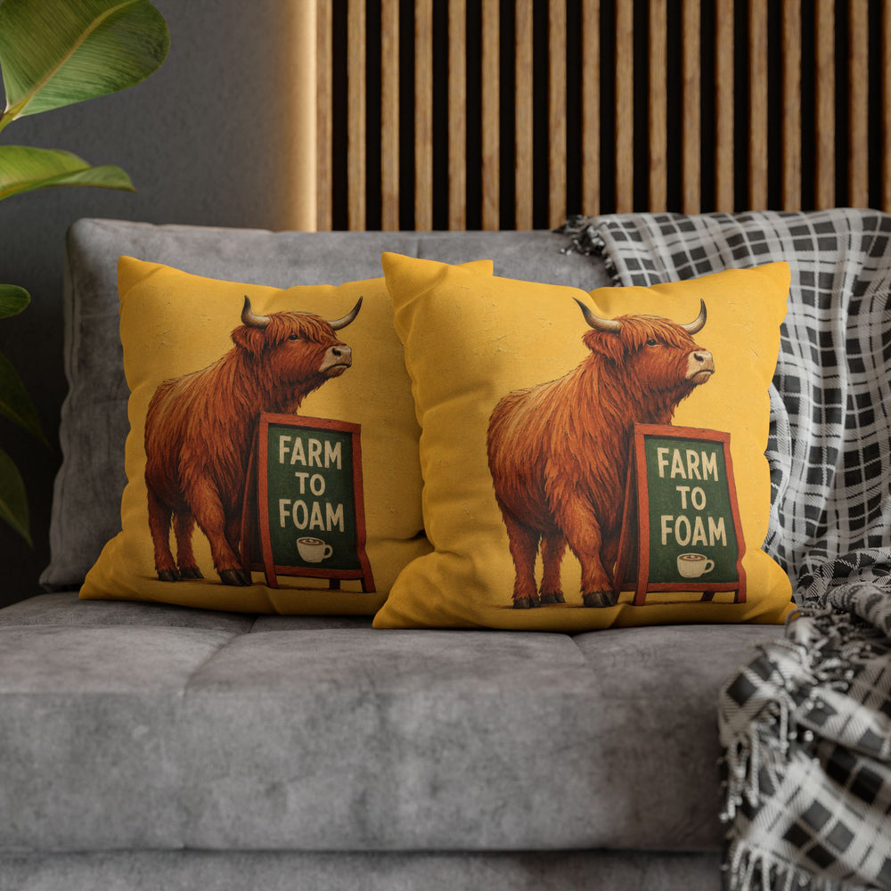Steamed Milk Source – Coffee Bar Art with a Highland Cow and Farm to Foam – Pillow / Cover