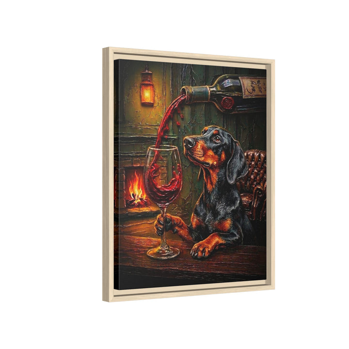 "Wine & Woof" - Doberman Vertical Framed Canvas - Dog Lover Wall Art