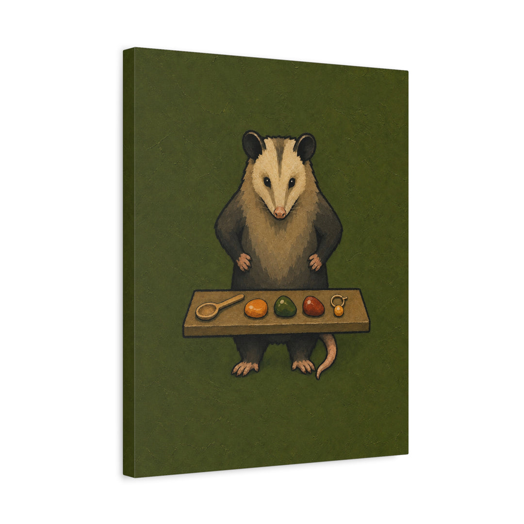 The Goblin's Treasury – Goblincore Decor with an Opossum Guarding Treasures – Canvas / Framed Canvas
