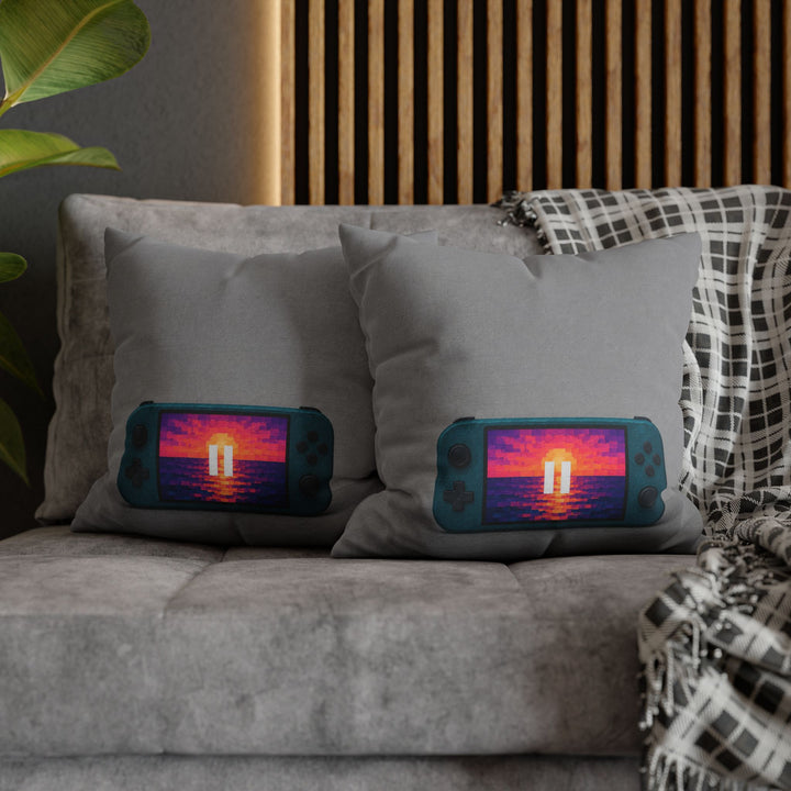 Pause Screen Sunset – Gaming Wall Art with a Pixel Horizon in Thick Squares – Pillow / Cover
