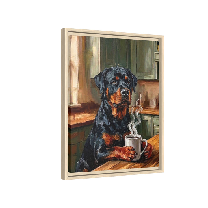 "Before Coffee" - Rottweiler Vertical Framed Canvas - Dog Lover Wall Art
