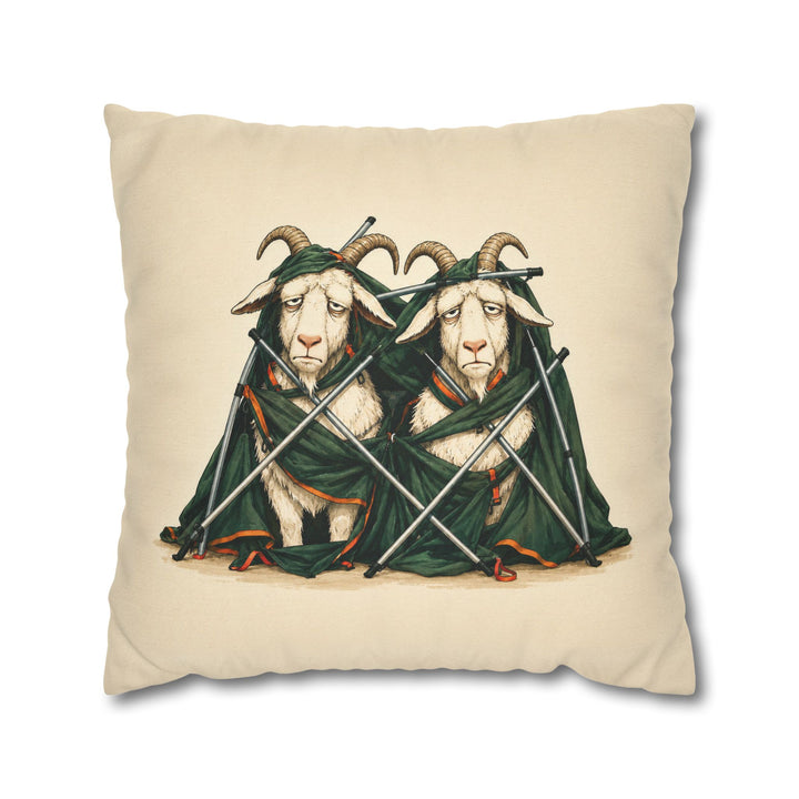Tent Setup, Hour Three – Outdoor Wall Art with Two Goats Tangled in Poles – Pillow / Cover