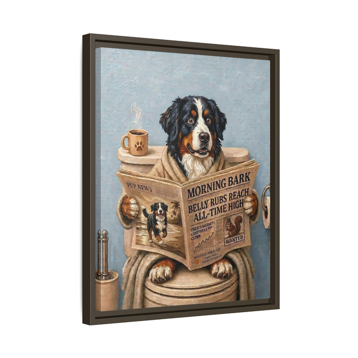 "Morning Business" - Bernese Mountain Dog Vertical Framed Canvas - Dog Lover Wall Art