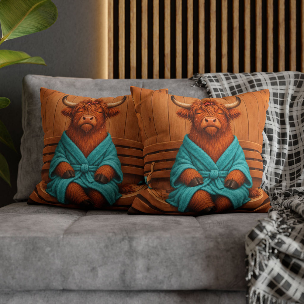 Steam Room – Highland Cow Art in a Sauna Towel – Pillow / Cover