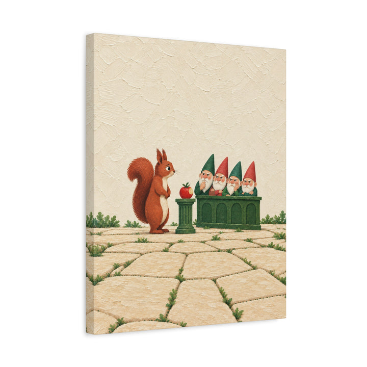 The Tomato Trials – Garden Wall Art with a Squirrel Before a Gnome Jury – Canvas / Framed Canvas
