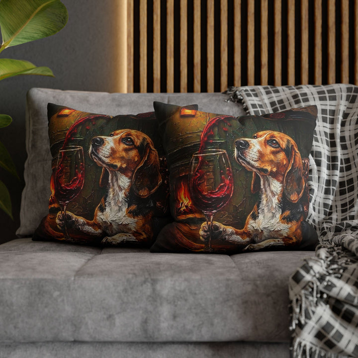 "Wine & Woof" - Beagle Pillow Cover - Dog Lover Home Decor