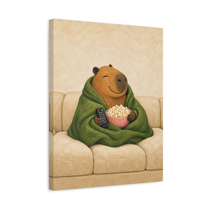 Capy & Chill – Capybara Wall Art with a Blanket and Movie Popcorn – Canvas / Framed Canvas