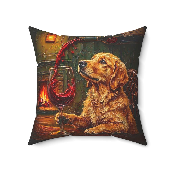"Wine & Woof" - Golden Retriever Throw Pillow - Dog Lover Home Decor