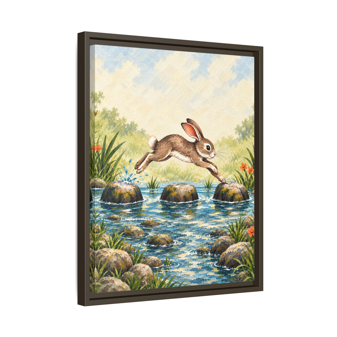 Stepping Stones – Nursery Wall Decor with a Playful Hare in Motion – Canvas / Framed Canvas