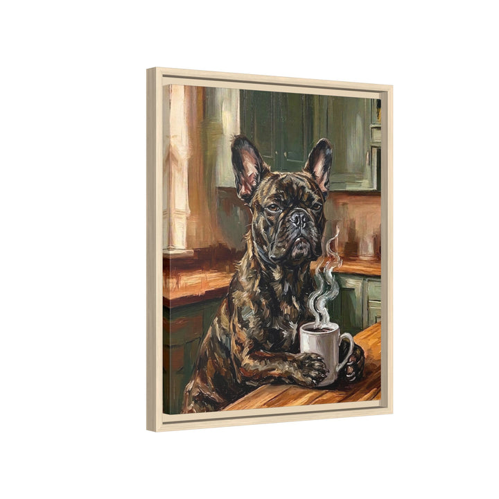 "Before Coffee" - French Bulldog Vertical Framed Canvas - Dog Lover Wall Art