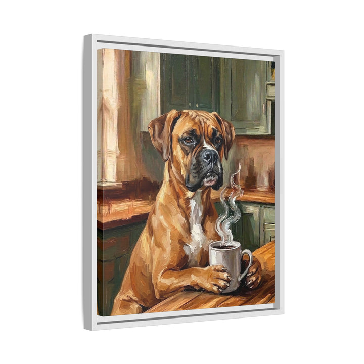 "Before Coffee" - Boxer Vertical Framed Canvas - Dog Lover Wall Art
