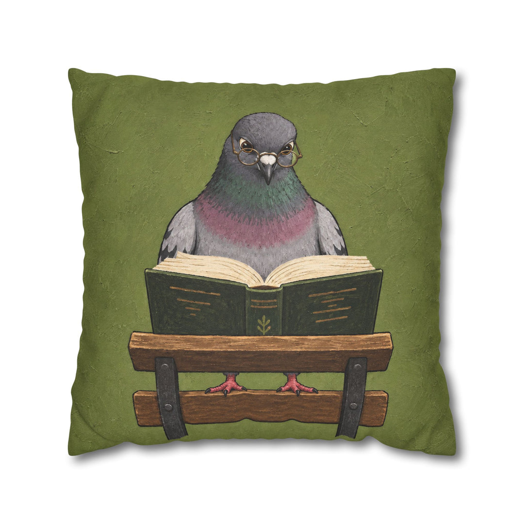 The Scholar – Pigeon Wall Art with Reading Glasses on a Park Bench – Pillow / Cover