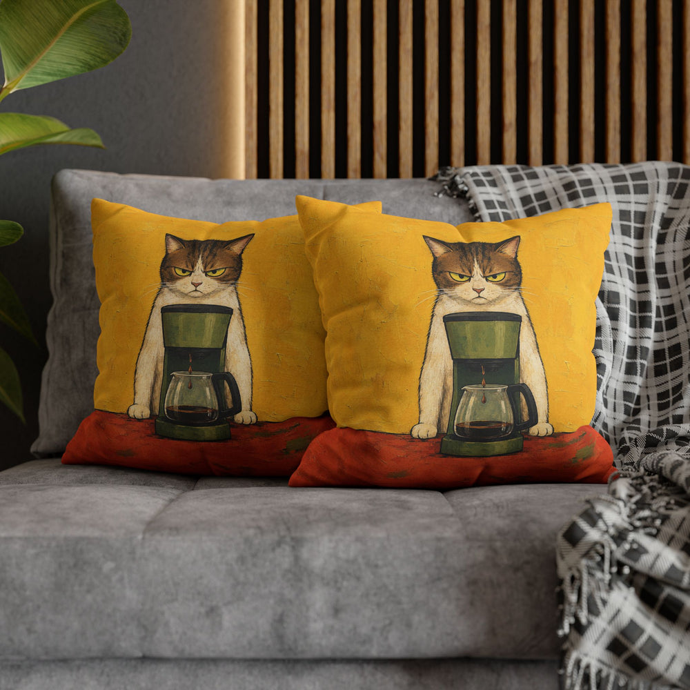 Before Coffee: Cat Edition – Coffee Wall Art with a Dripping Maker and a Glare – Pillow / Cover