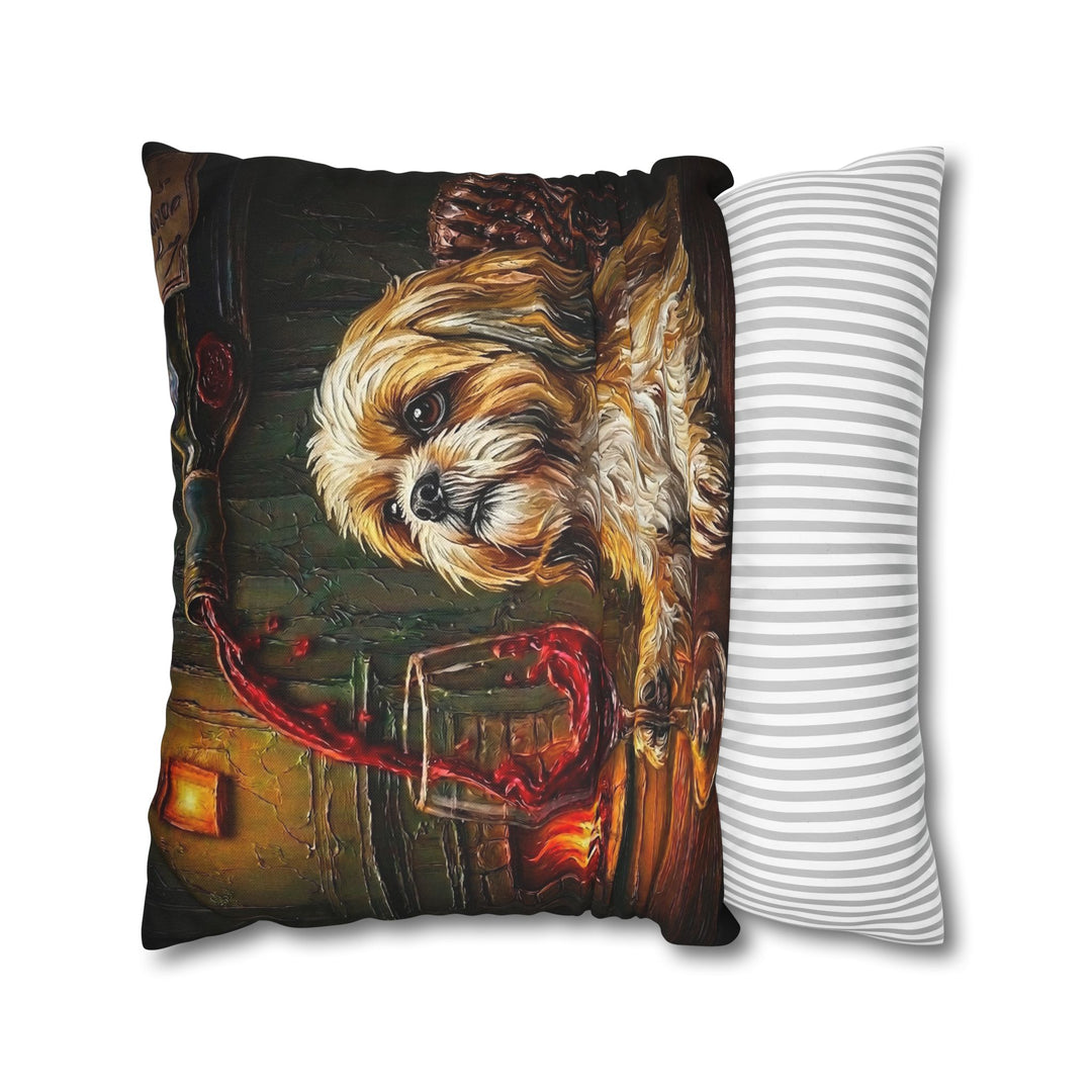 "Wine & Woof" - Shih Tzu Throw Pillow - Dog Lover Home Decor