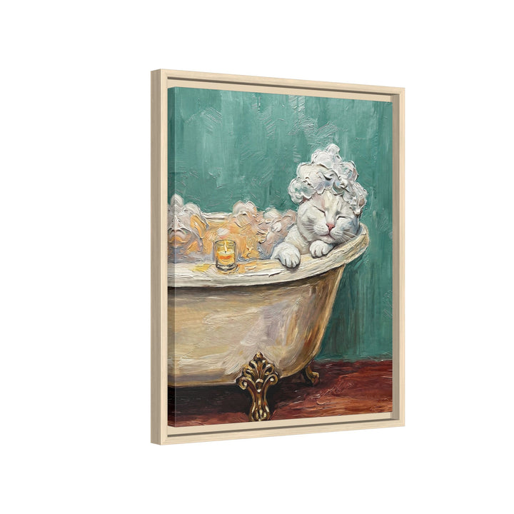 "Spa Day" - White Shorthair Vertical Framed Canvas - Cat Lover Wall Art