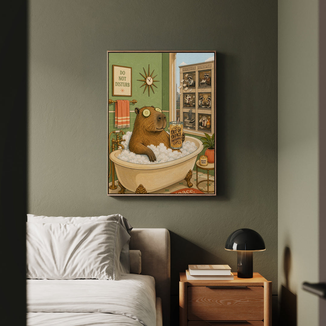"Out of Office Emotionally" - Capybara Vertical Framed Canvas - Dark Burnout Humor Wall Art