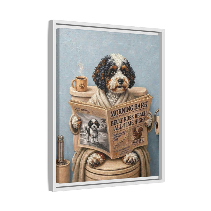 "Morning Business" - Bichon Frise Vertical Framed Canvas - Dog Lover Wall Art