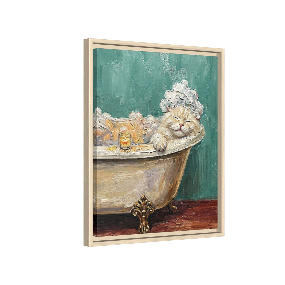 "Spa Day" - Fluffy White Cream Longhair Vertical Framed Canvas - Cat Lover Wall Art