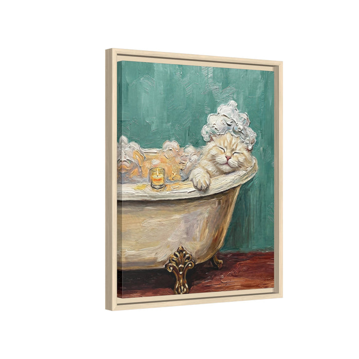 "Spa Day" - Fluffy White Cream Longhair Vertical Framed Canvas - Cat Lover Wall Art
