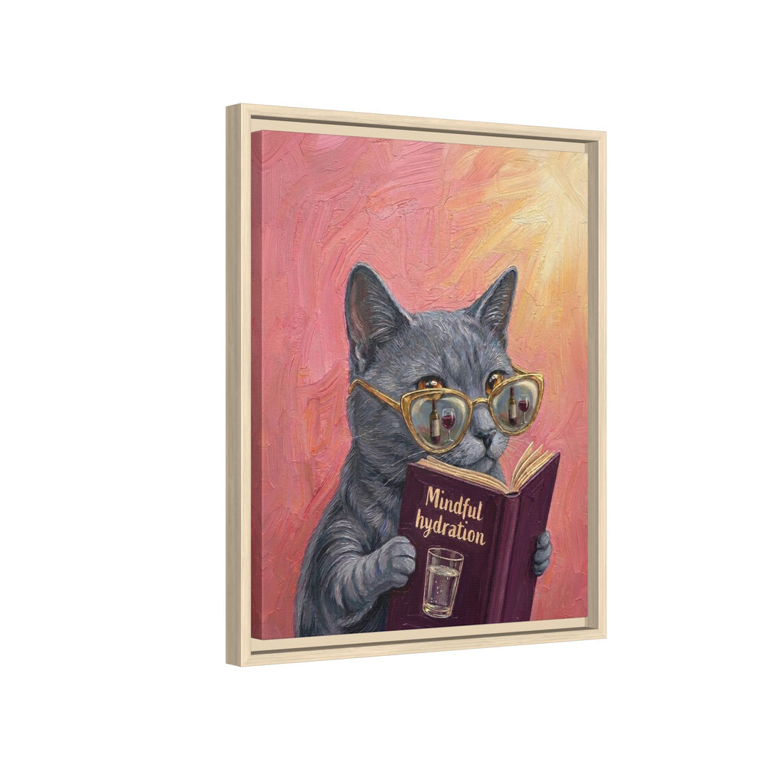 "Mindful Hydration" - Cat Vertical Framed Canvas - Animal Book Humor Wall Art