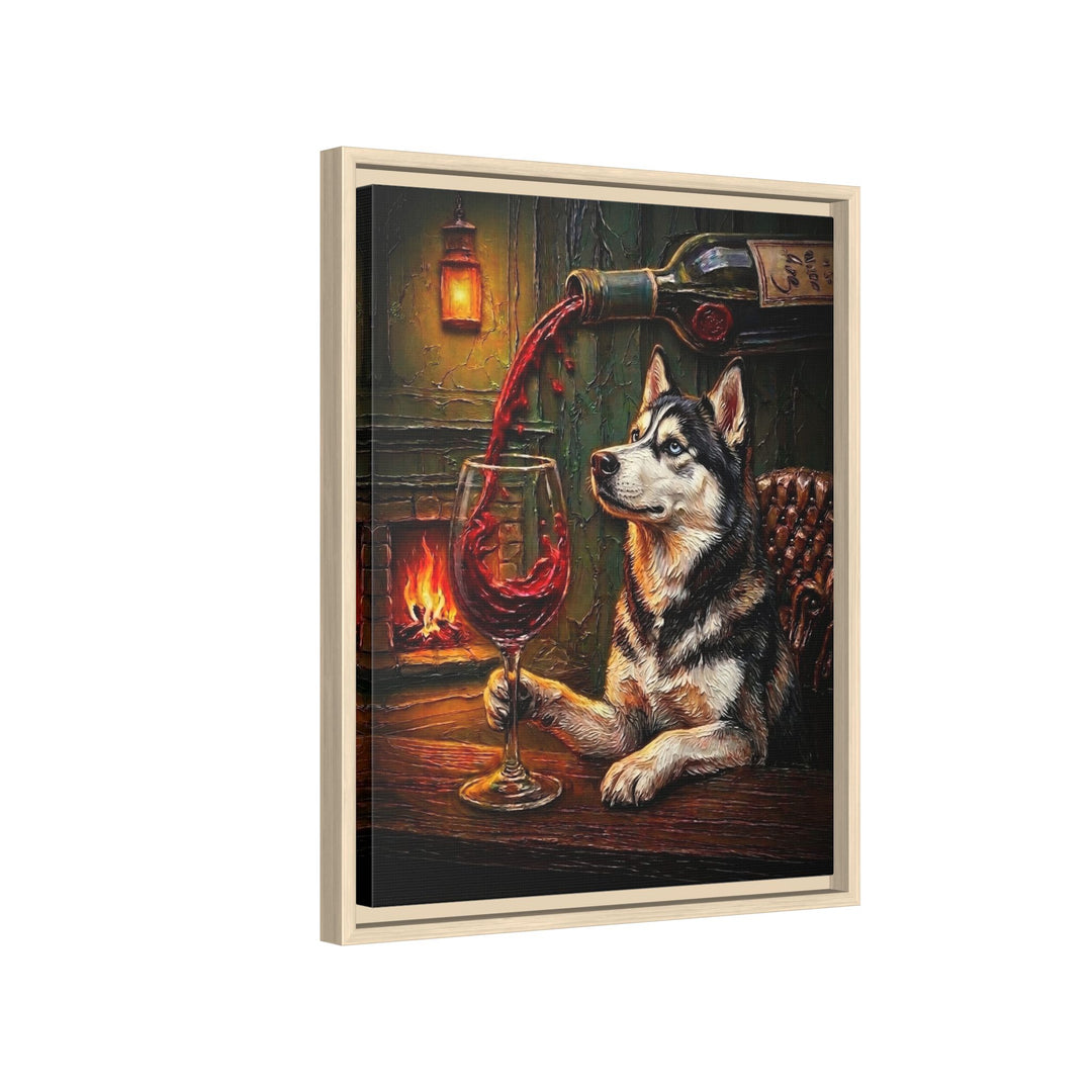 "Wine & Woof" - Husky Vertical Framed Canvas - Dog Lover Wall Art