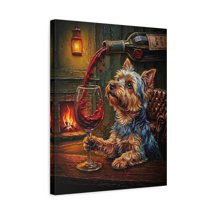 "Wine & Woof" - Yorkie Vertical Canvas - Dog Lover Wall Art