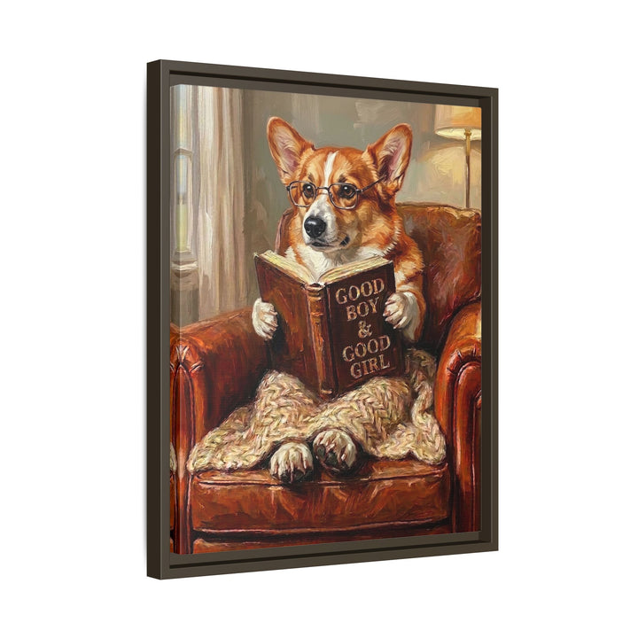 "Evening Read" - Corgi Vertical Framed Canvas - Dog Lover Wall Art