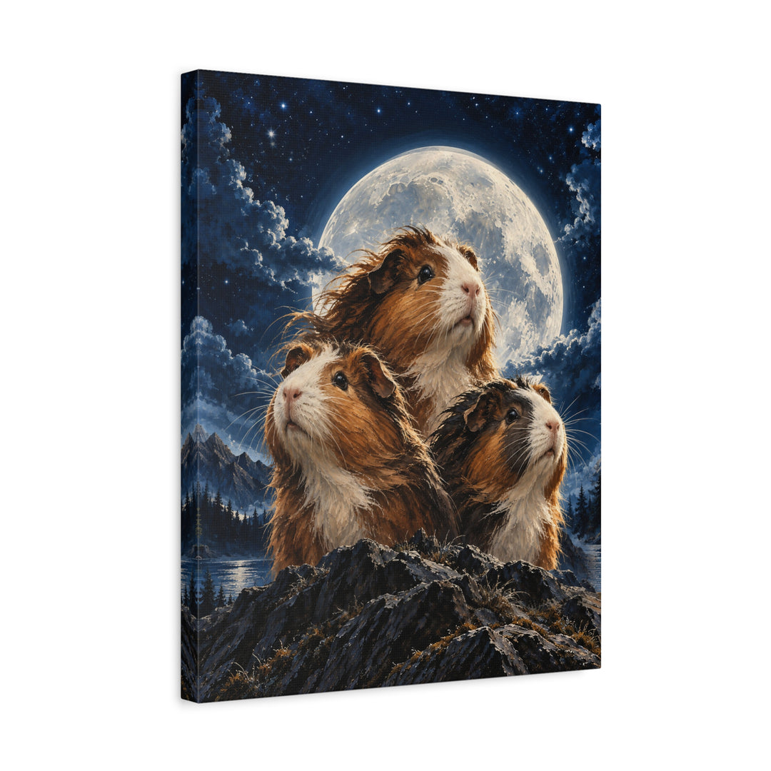 Moonlit Trio – Funny Wall Art with Three Guinea Pigs in Noble Pose – Canvas / Framed Canvas
