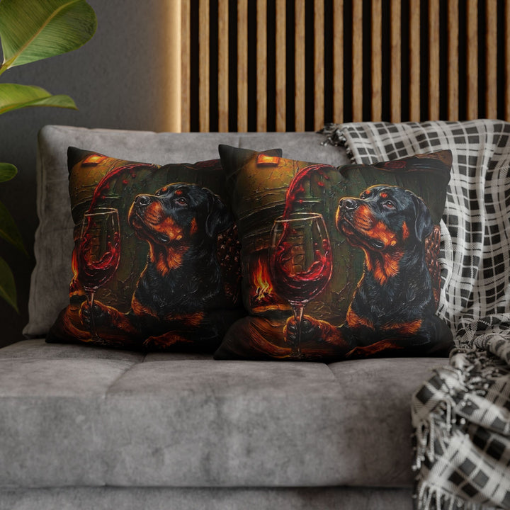 "Wine & Woof" - Rottweiler Pillow Cover - Dog Lover Home Decor