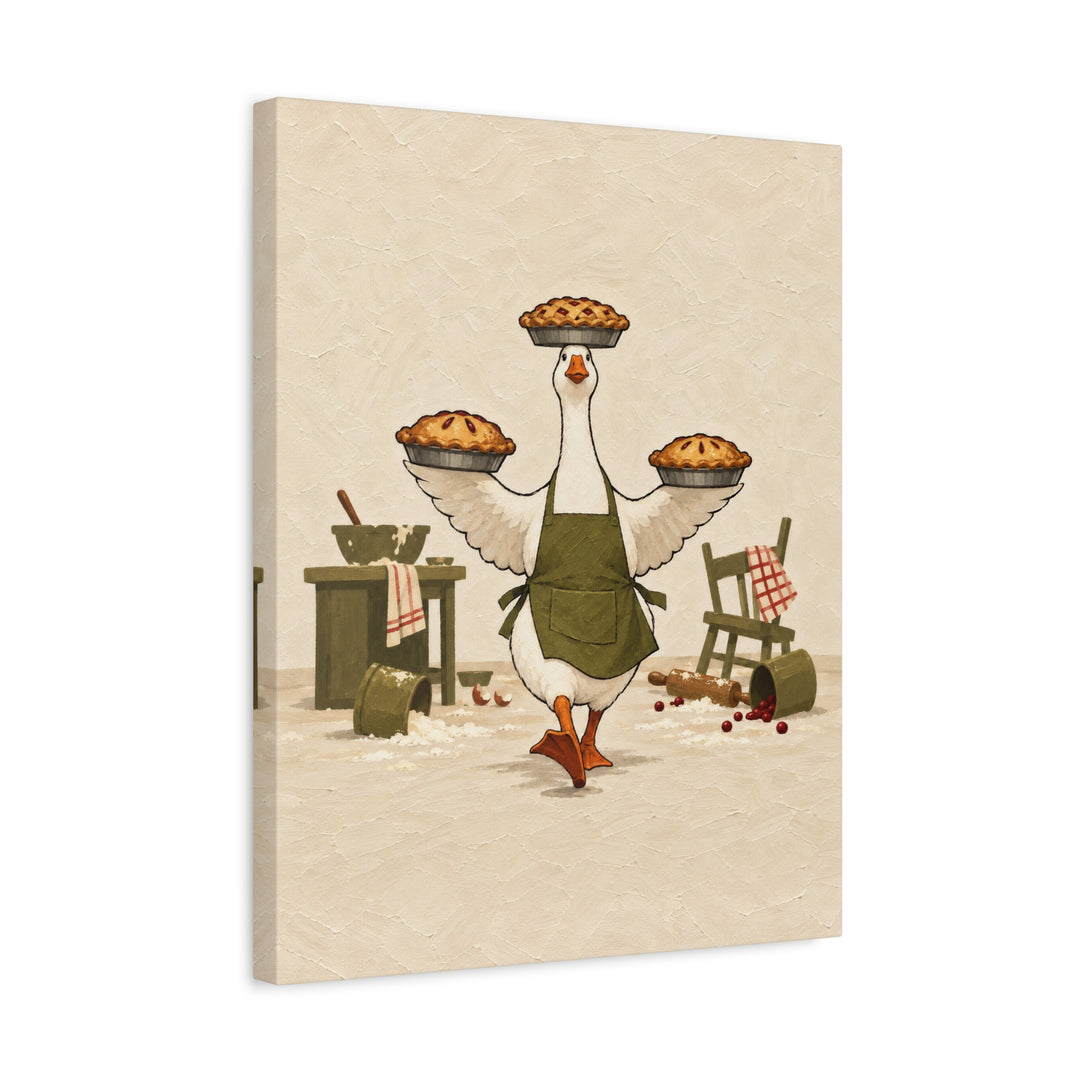 Hostess Goose – Goose Art with an Apron and Three Balanced Pies – Canvas / Framed Canvas