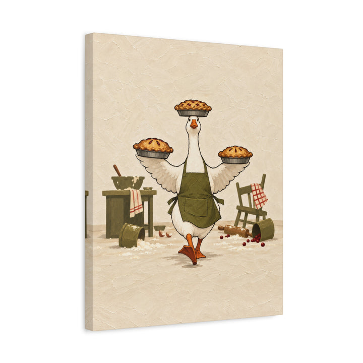 Hostess Goose – Goose Art with an Apron and Three Balanced Pies – Canvas / Framed Canvas