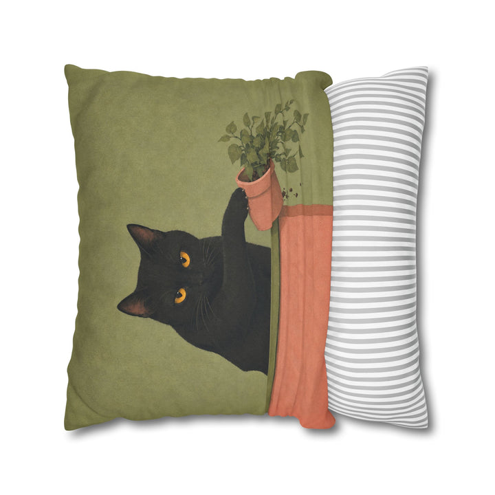Plant Assassin – Funny Cat Art with a Potted Victim and Eye Contact – Pillow / Cover